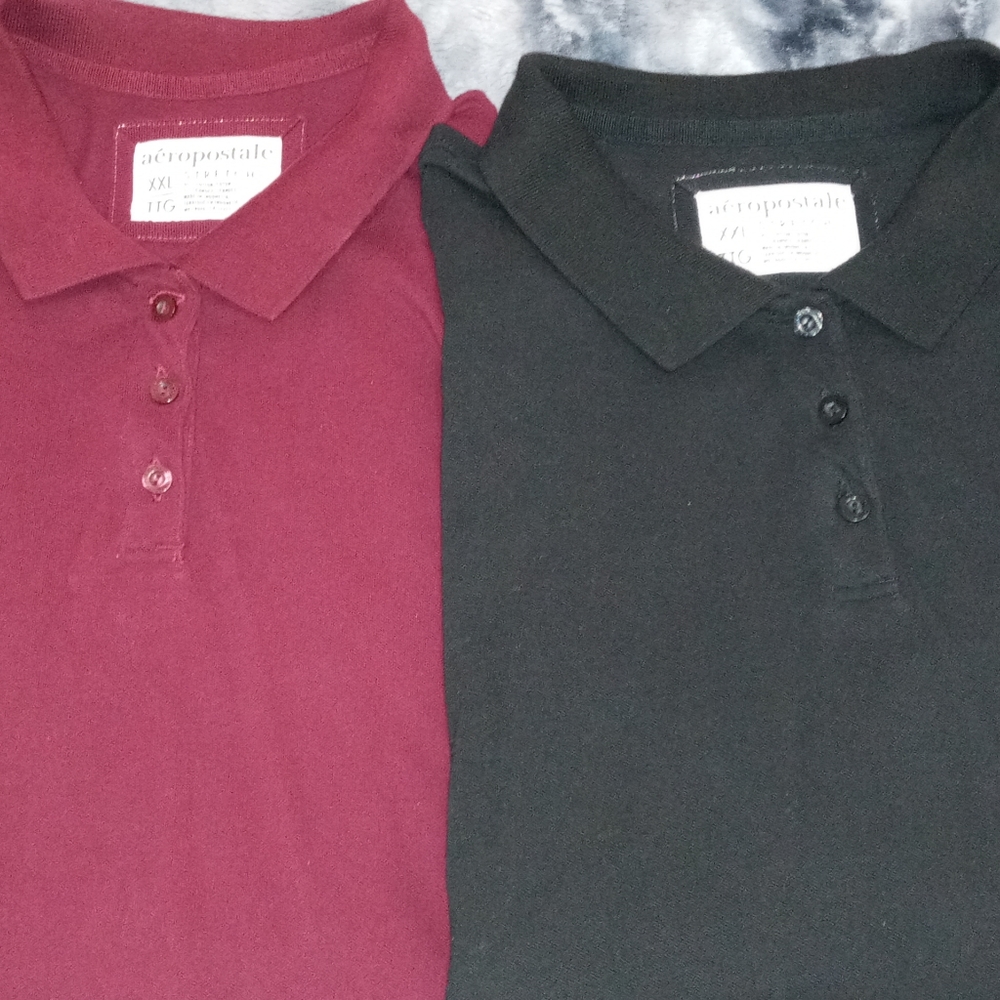(2 for 1) Aeropostale Stretch XXL/TTG 1 Black & 1 Burgundy Long Sleeve Polos